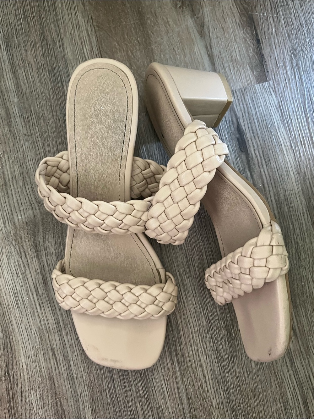 Woven Double-Strap Block Heel Sandals — Cream